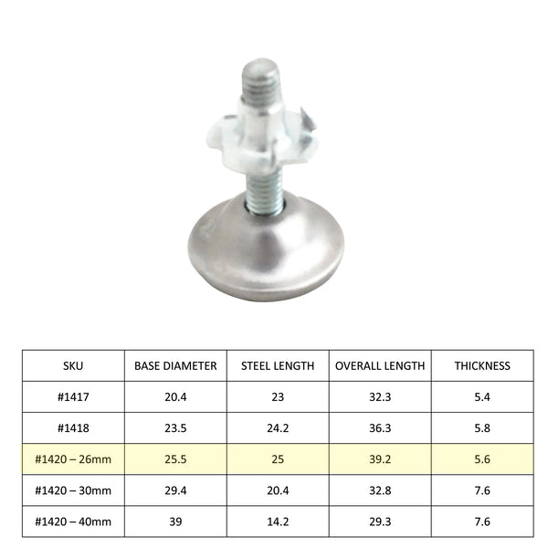 Adjustable Nail Glide with T-nut 26mm