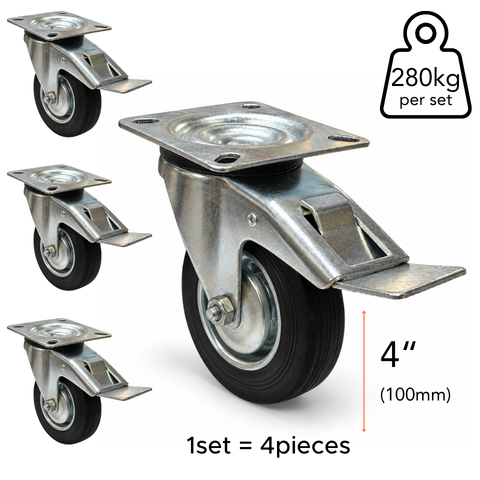 Plate Type With Hood and Double Brake Black Rubber Caster (4 pieces)