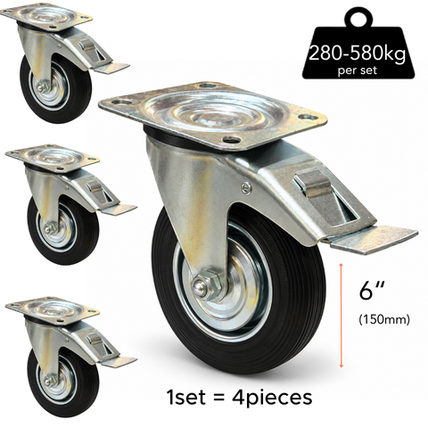 Plate Type With Hood and Double Brake Black Rubber Caster (4 pieces)