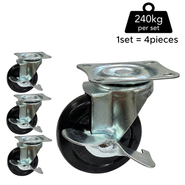 Plate Type With Brake Black Rubber Caster