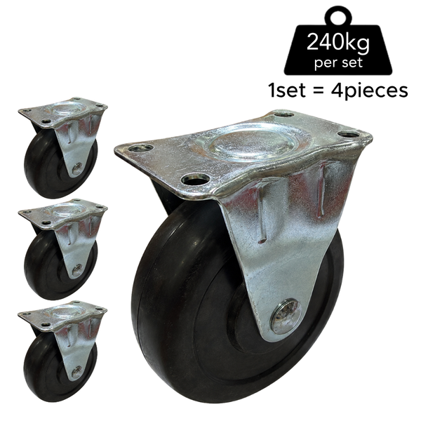 Fixed Rigid Type Black Rubber Caster (4 pieces)