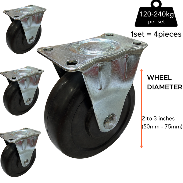 Fixed Rigid Type Black Rubber Caster (4 pieces)